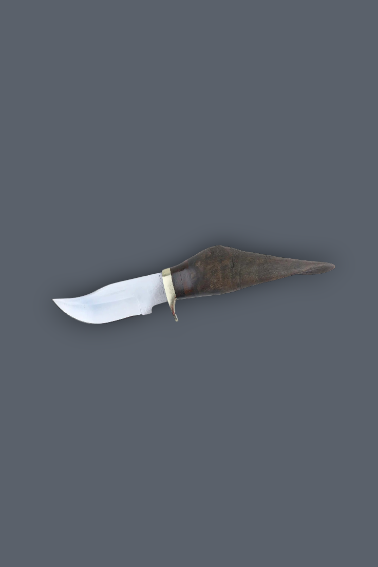 A small fixed-blade knife with a curved silver blade, a dark brown textured handle, and a brass bolster, shown against a solid dark gray background.
