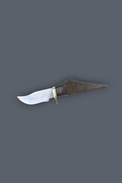 A small fixed-blade knife with a curved silver blade, a dark brown textured handle, and a brass bolster, shown against a solid dark gray background.