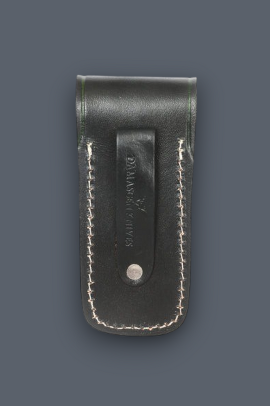A Back Side  dark brown leather Sheath with a  button closure and an embossed eagle emblem on the flap, shown against a solid dark gray background.