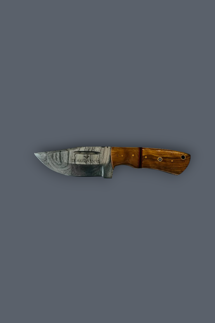 A custom knife with a Damascus steel blade and a brown wooden handle, shown against a solid dark gray background.