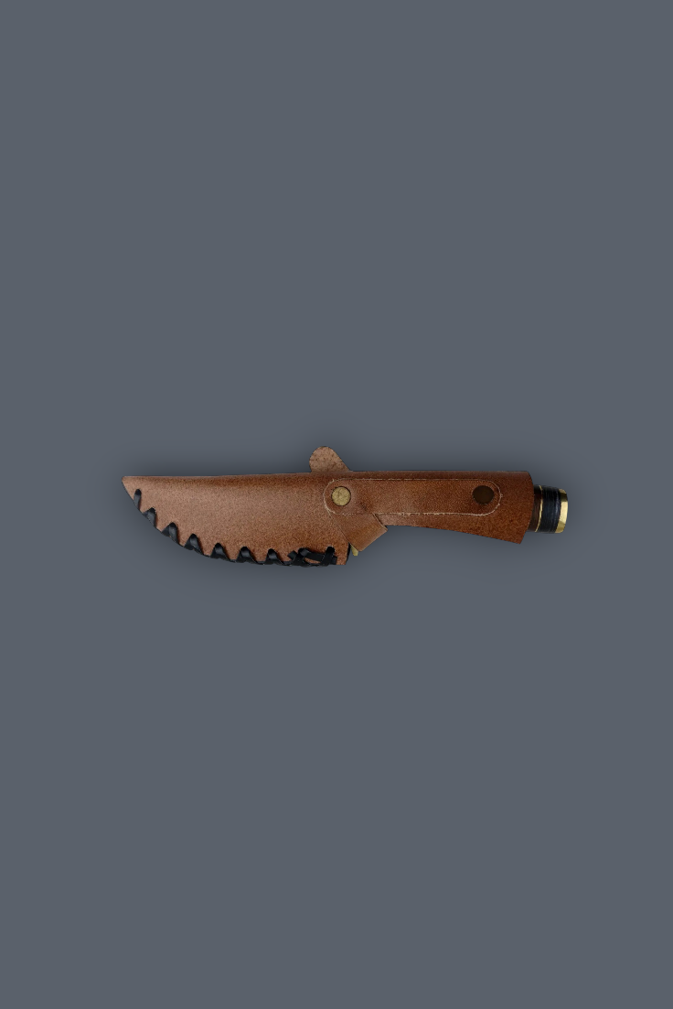 A small fixed-blade knife with a brown leather sheath, shown horizontally against a solid dark gray background.