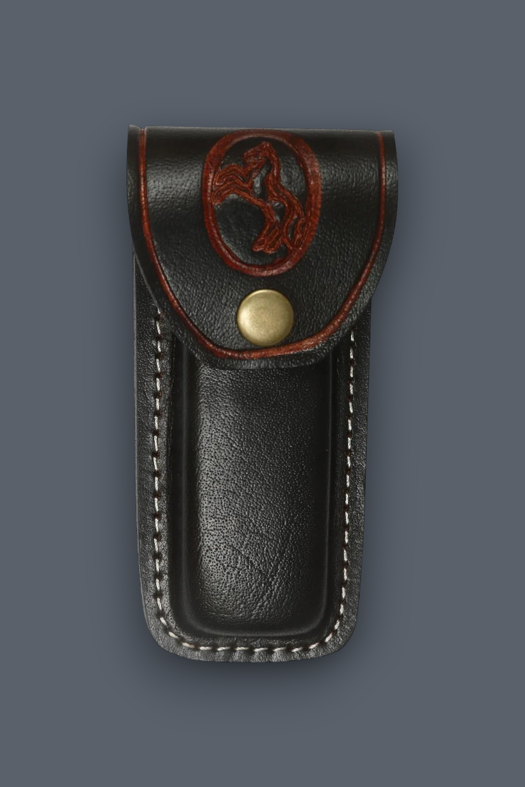 Premium black leather folding knife sheath with snap button closure and embossed horse logo, front view.