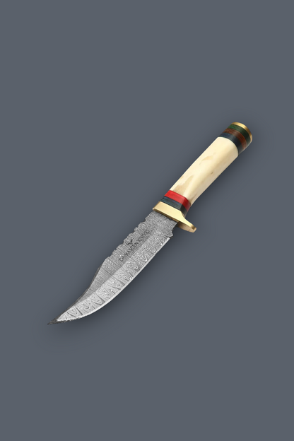 A custom fixed-blade knife with a patterned Damascus steel blade, a brass bolster, and a cream-colored bone handle with red and green stripes, shown on a solid dark gray background.