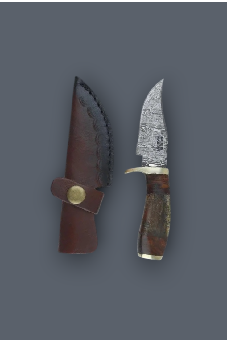 A fixed-blade knife with a patterned steel blade, brown wood handle, and brass guard, shown next to its brown leather sheath with a brass snap on a dark gray background.