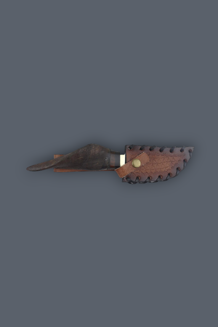 A small knife with a dark brown leather sheath, featuring a brass snap button and a brass rivet, displayed horizontally against a solid dark gray background.