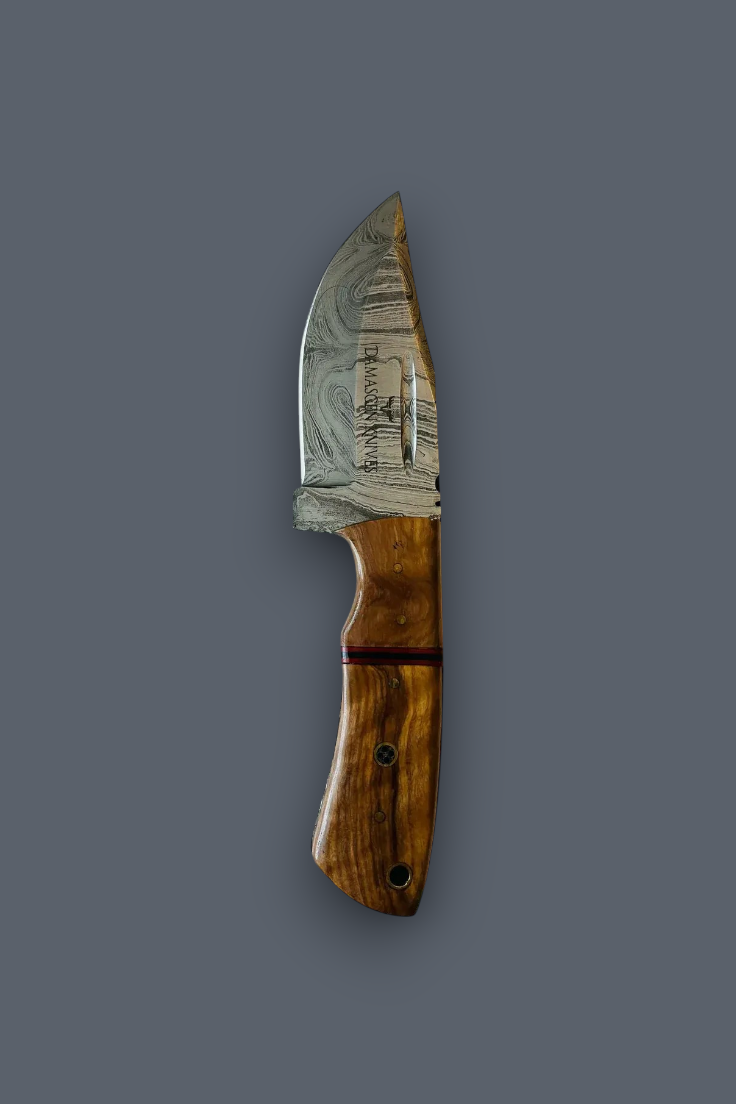 A custom handcrafted knife with a patterned Damascus steel blade and a polished wooden handle, shown vertically against a solid dark gray background.