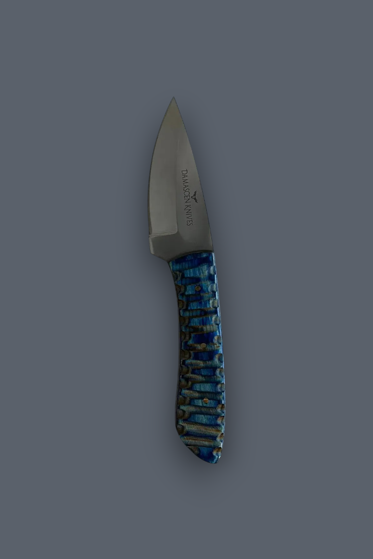 A fixed-blade knife with a satin-finished silver blade and a textured handle featuring blue, black, and gold scales, shown against a solid dark gray background.