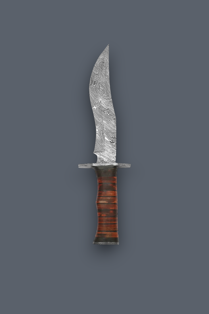 A fixed-blade knife with a patterned Damascus steel blade and a textured reddish-brown handle, shown vertically against a solid dark gray background.