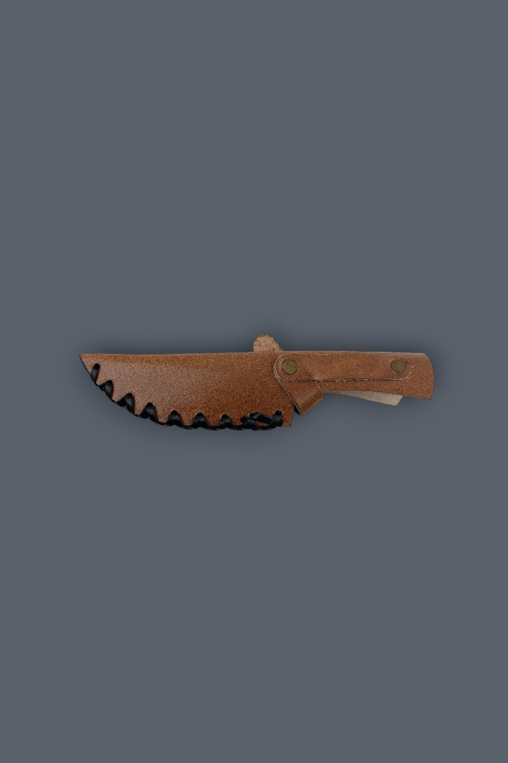 A small fixed-blade knife with a brown leather sheath, shown horizontally against a solid dark gray background.