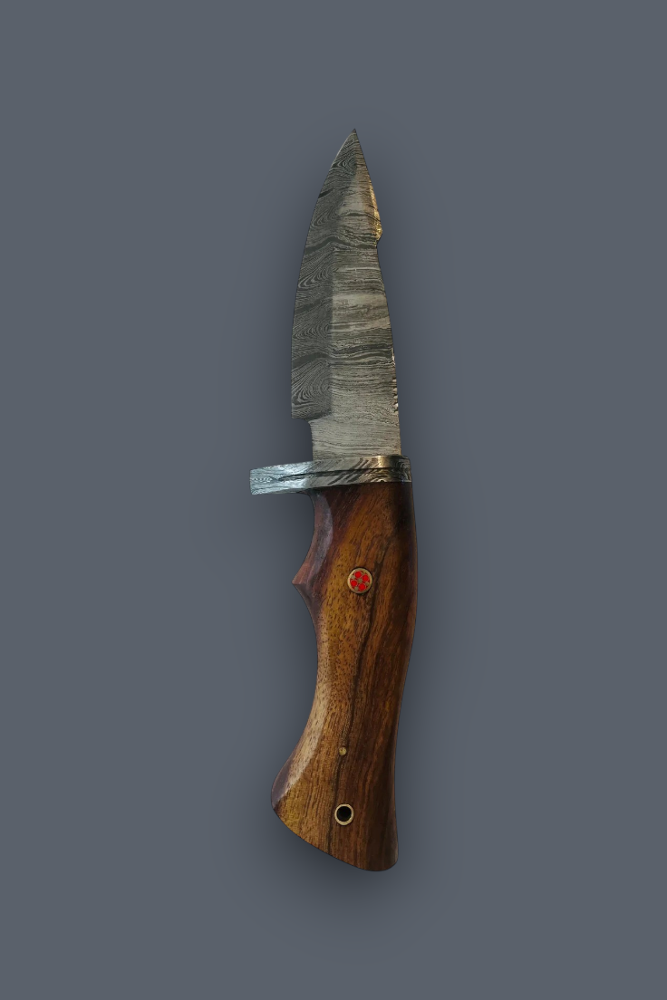 A custom fixed-blade knife with a textured, patterned steel blade and a polished brown wooden handle, shown vertically against a solid dark gray background.