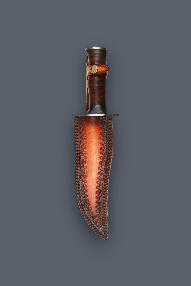 A fixed-blade knife with a dark brown wrapped handle and a matching brown leather sheath, shown vertically against a solid dark gray background.
