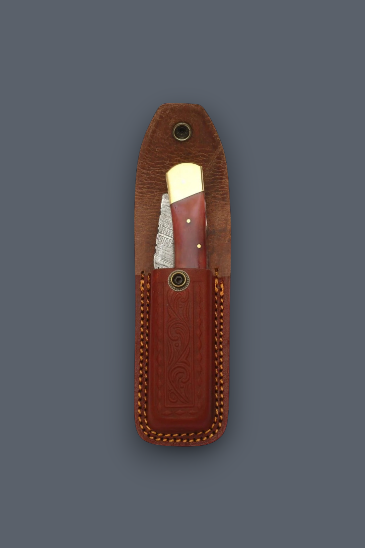 A folding pocket knife with a reddish-brown handle and silver blade, partially pulled from a brown leather sheath on a dark gray background.