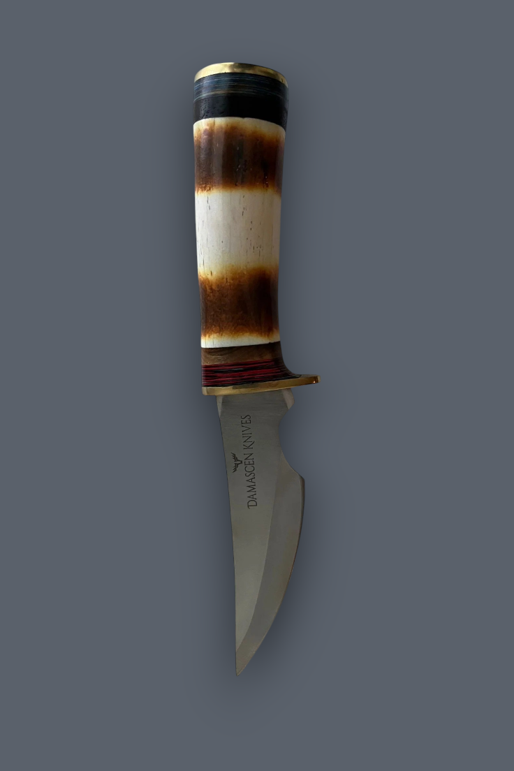 A fixed-blade knife with a polished steel blade and a curved handle made of natural brown and cream stag bone, accented with dark and red bands, shown against a solid dark gray background.