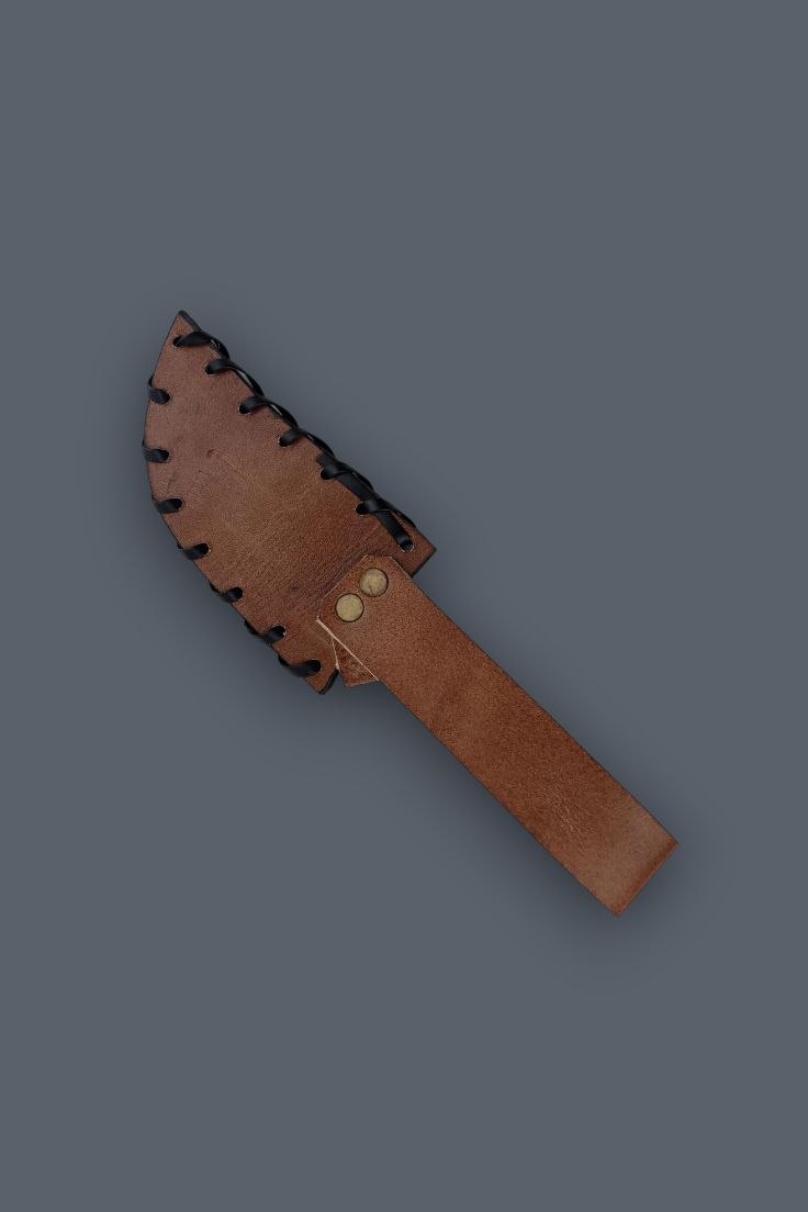 A brown leather knife sheath with black stitched detailing and brass rivets, shown on a solid dark gray background.