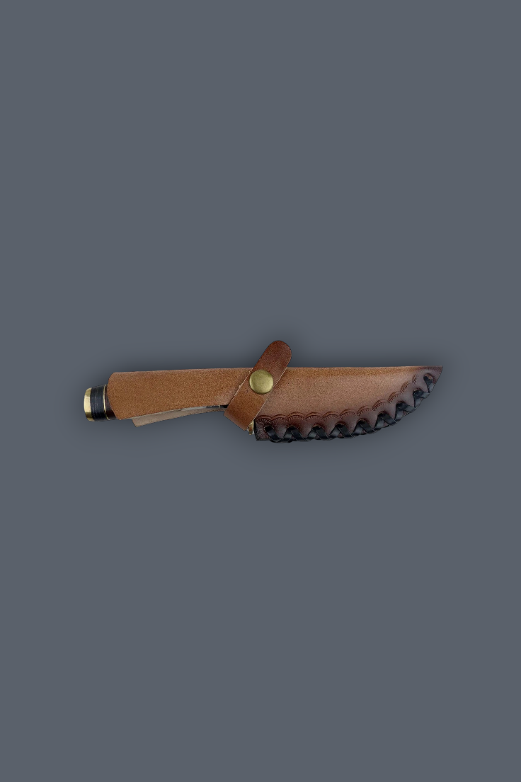 A small fixed-blade knife with a brown leather sheath, shown horizontally against a solid dark gray background.