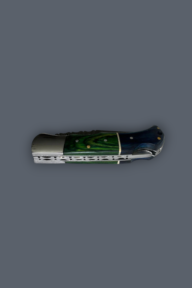 A folding pocket knife with a polished silver metal blade and handle, featuring a green and blue marbled inlay on the handle, set against a solid dark gray background.