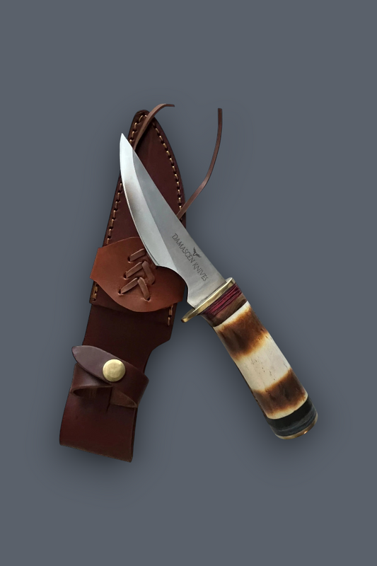 A fixed-blade knife with a polished silver blade, engraved text, and a natural horn handle, shown alongside a brown leather sheath on a solid dark gray background.