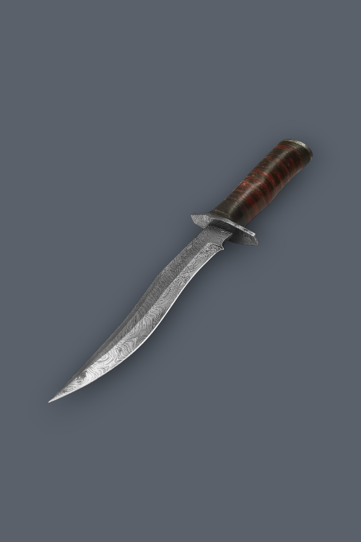 A fixed-blade knife with a curved silver steel blade and a brown textured handle, shown diagonally on a solid dark gray background.
