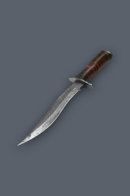 A fixed-blade knife with a curved silver steel blade and a brown textured handle, shown diagonally on a solid dark gray background.