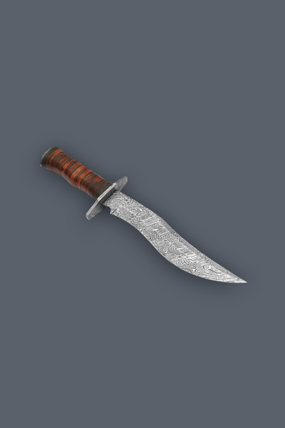 A custom fixed-blade knife with a patterned Damascus-style steel blade and a brown wood-and-resin wrapped handle, shown on a solid dark gray background.