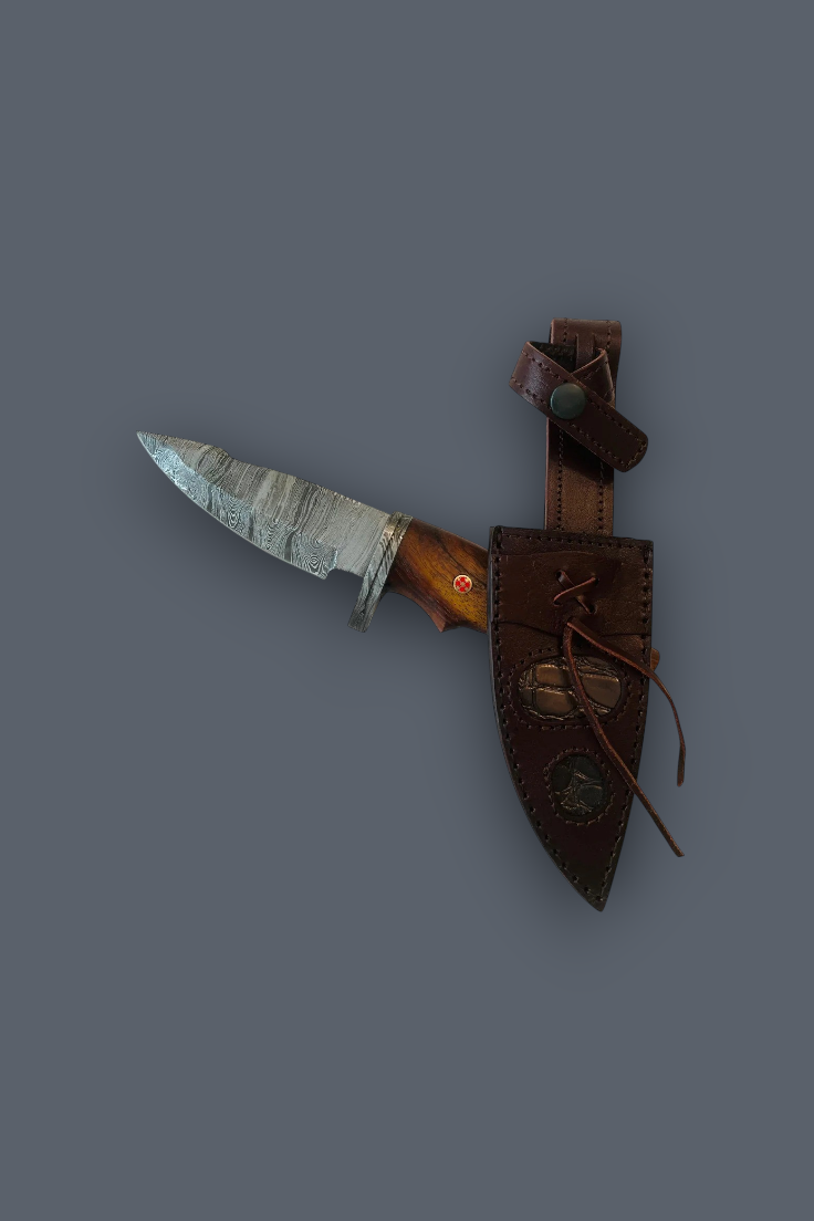 A fixed-blade knife with a textured silver blade, brown wooden handle, and a dark brown leather sheath, shown against a solid dark gray background.