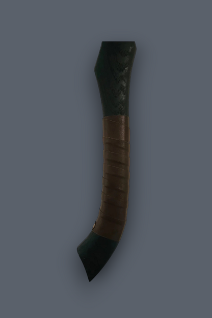 A curved sword or dagger with a dark green textured handle and a brown wrapped grip, shown vertically against a solid dark gray background.