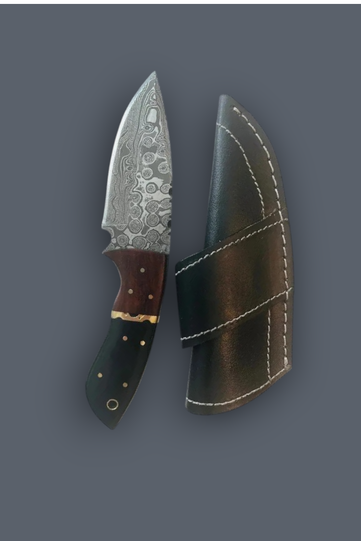 A fixed-blade knife with a patterned steel blade, brown handle, and black handle, shown next to its black leather sheath on a dark gray background.