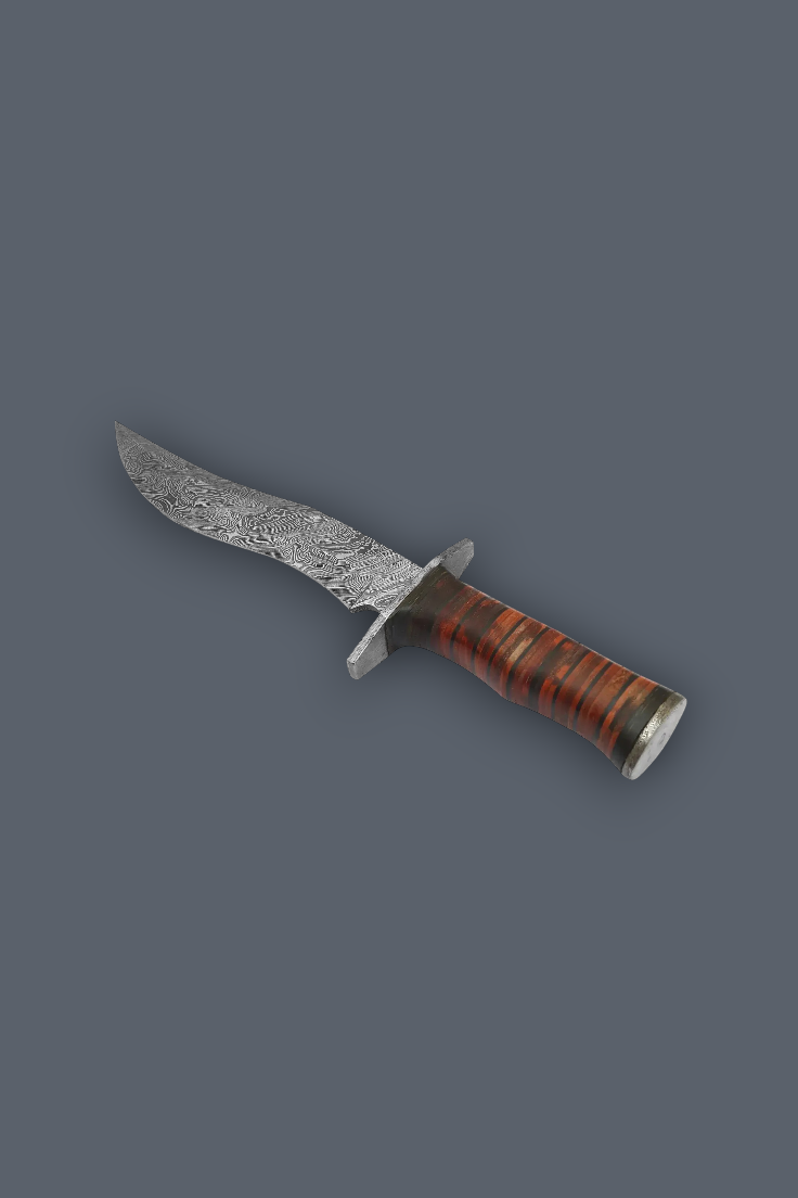 A fixed-blade knife with a patterned steel blade, a silver guard, and a reddish-brown striped handle, shown on a solid dark gray background.