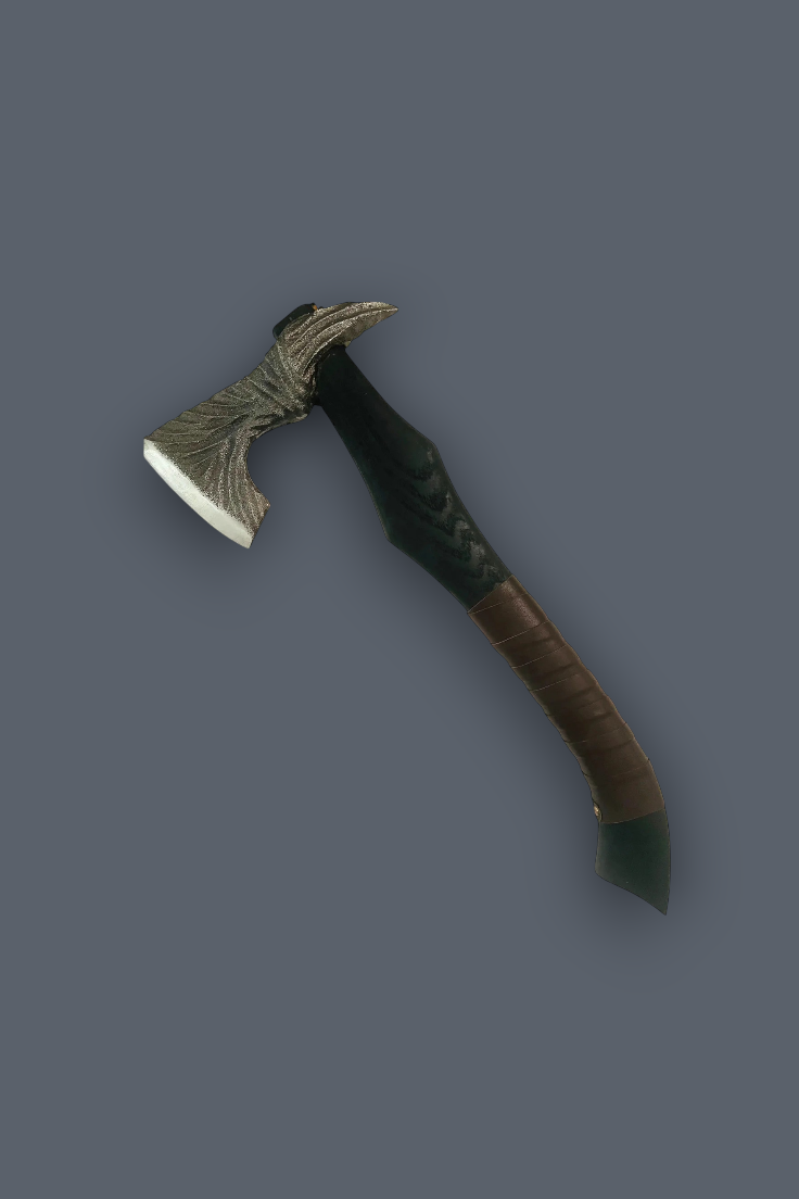 A fantasy-style axe with a textured silver-gray head, a dark green wrapped handle, and a brown curved shaft, shown against a solid dark gray background.