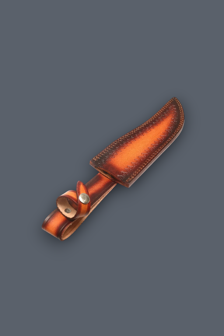 A small knife with a brown leather sheath, displayed diagonally on a solid dark gray background.