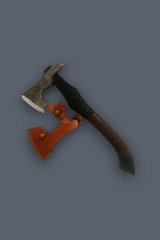 A fantasy-style axe with a textured gray and black head, a brown wrapped handle, and an orange leather sheath, shown on a solid dark gray background.
