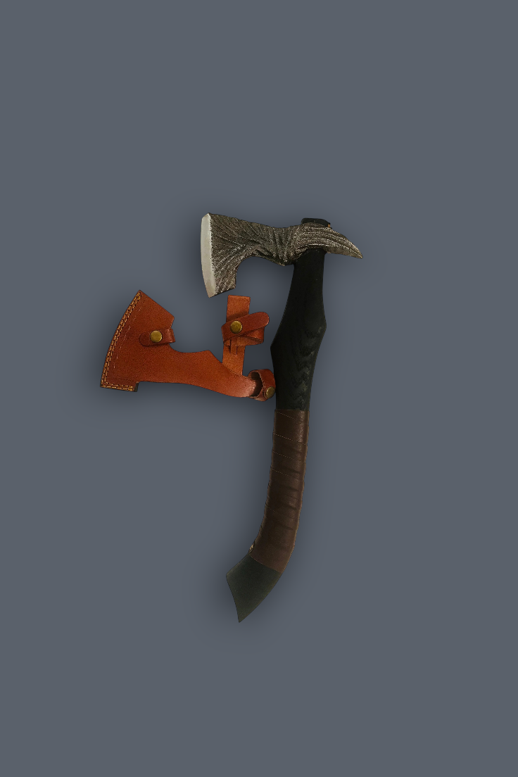 A Viking-style bearded axe with a textured gray beveled edge, a black and brown wrapped handle, and an orange leather sheath, shown against a solid dark gray background.