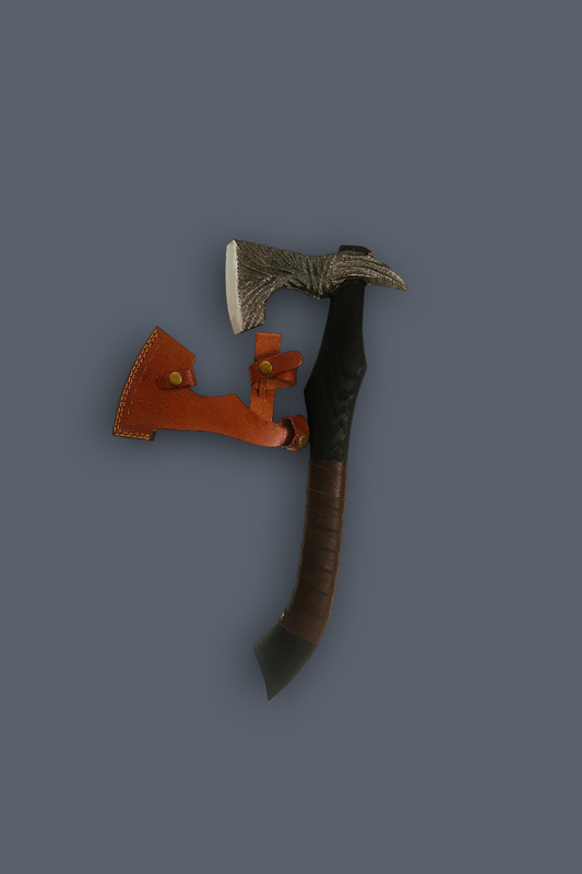 A Viking-style bearded axe with a textured gray beveled edge, a black and brown wrapped handle, and an orange leather sheath, shown against a solid dark gray background.