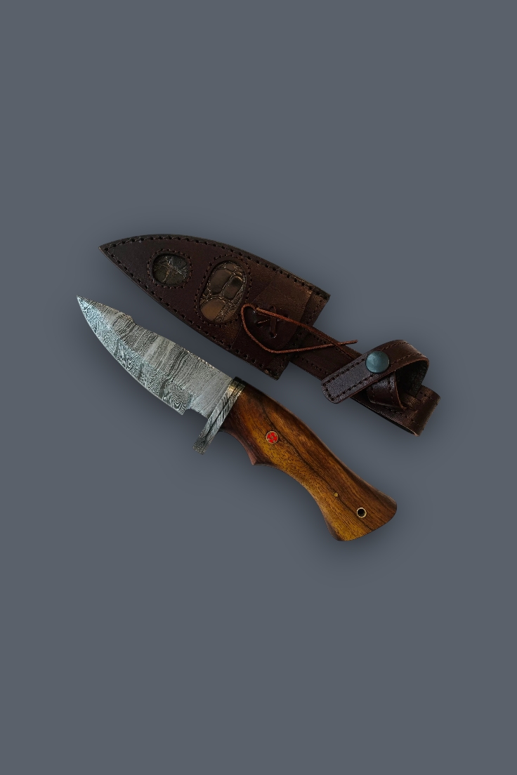 A fixed-blade knife with a patterned silver blade, a brown wooden handle, and a small red accent, shown next to its brown leather sheath on a solid dark gray background.