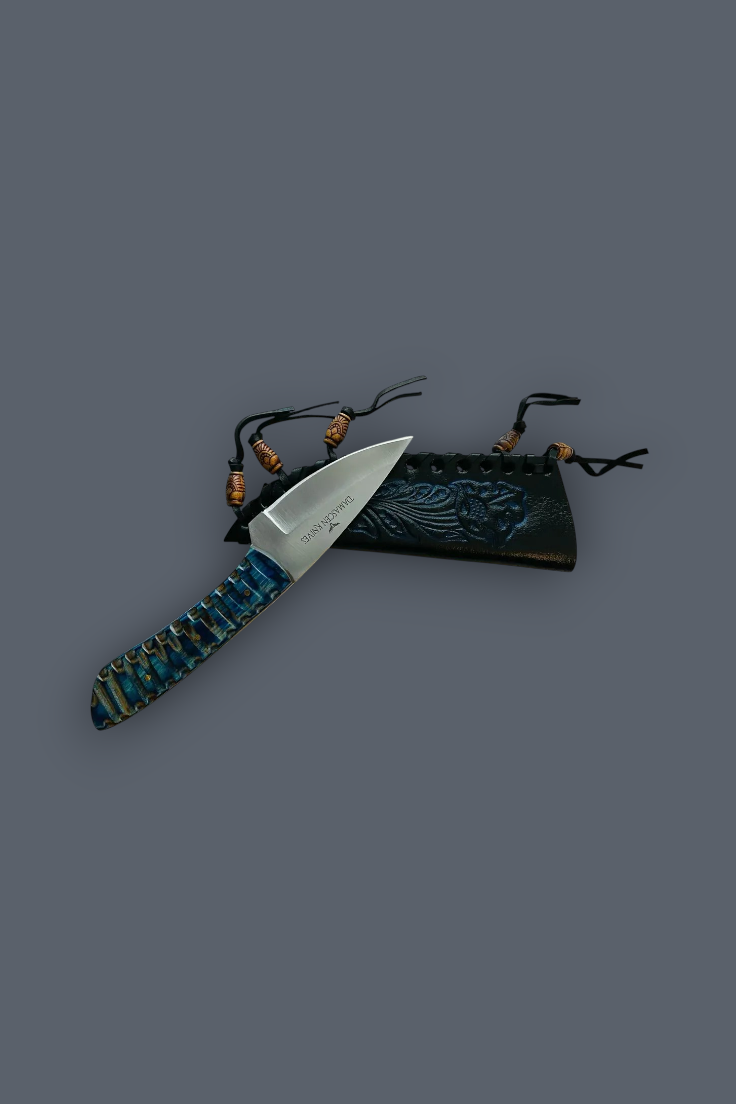 A fixed-blade knife with a silver blade and a textured handle wrapped in blue, green, and brown material, displayed next to a dark embossed sheath on a solid dark gray background.