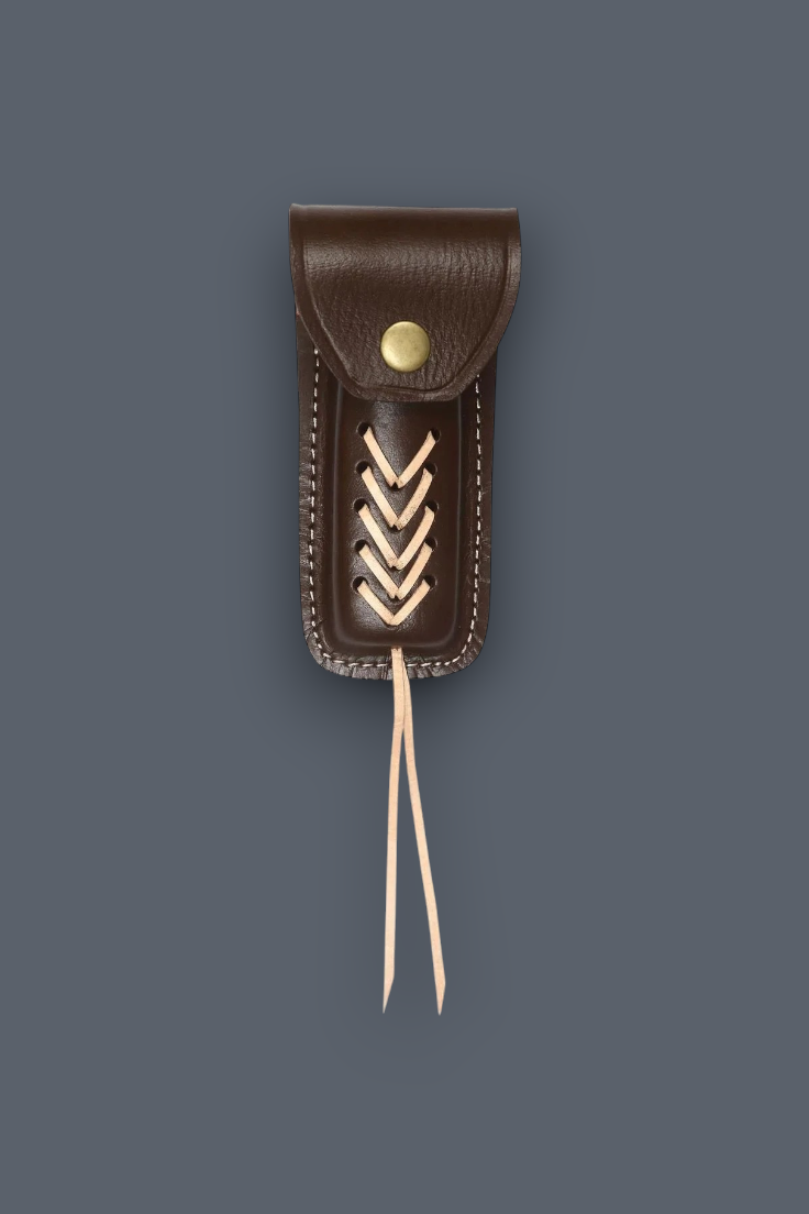 A floding knife  brown leather sheath  pouch with a snap closure and decorative white lacing, shown against a solid dark gray background.