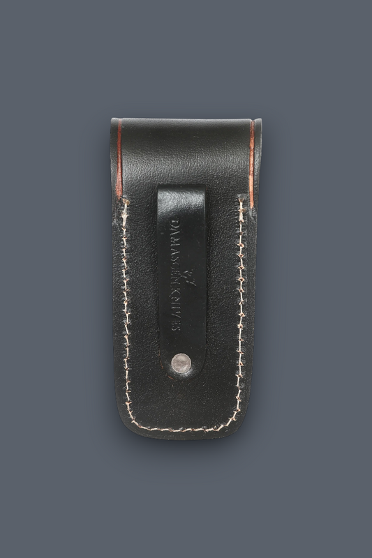 Back view of handmade black leather folding knife sheath featuring a durable belt loop for everyday carry (EDC).