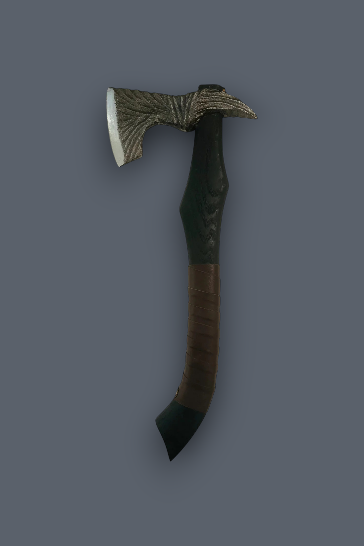 A Viking-style bearded axe with a textured, patterned bronze-colored head and a dark green and brown wrapped handle, shown against a solid dark gray background.