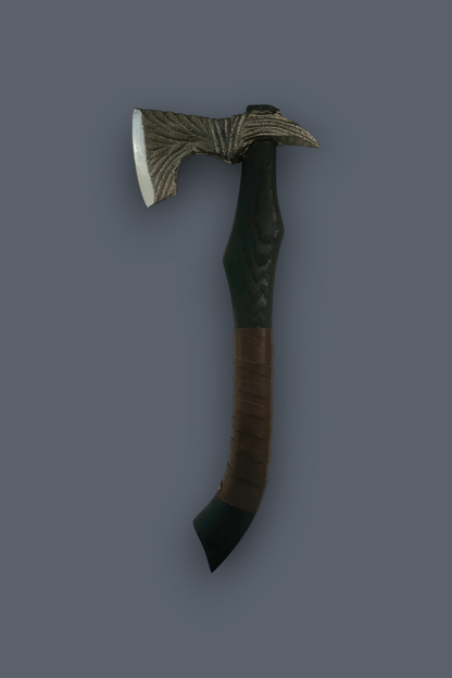 A Viking-style bearded axe with a textured, patterned bronze-colored head and a dark green and brown wrapped handle, shown against a solid dark gray background.