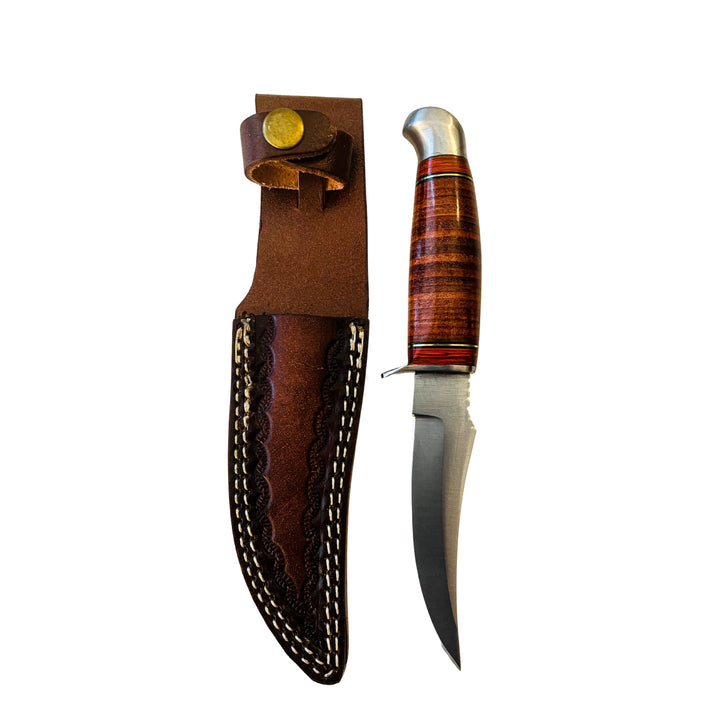 American Classic Damascus hunting knife with leather sheath and wooden handle