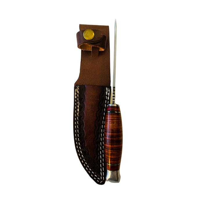 American Classic Damascus knife placed in stitched leather holster