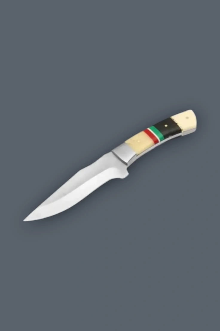 Angled flat lay of a stainless steel fixed blade hunting knife featuring a polished bolster and a custom bone handle with red, green, and black accent bands.