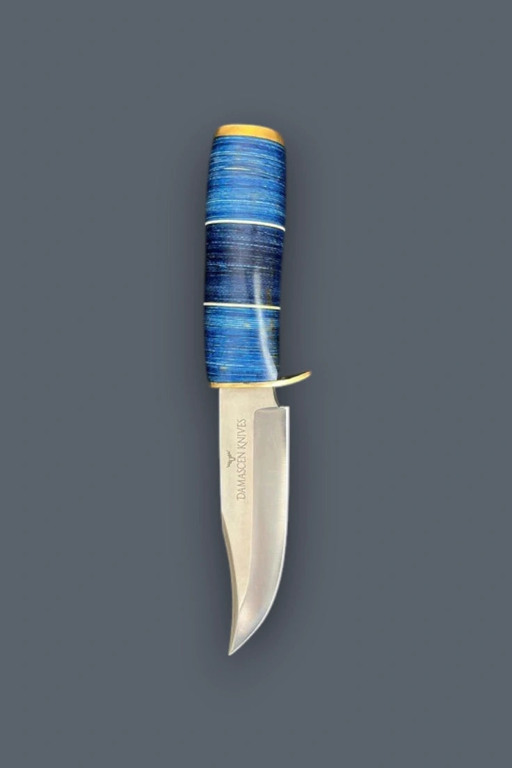 Close-up profile of the Blazefury Hunter stainless steel hunting knife, highlighting the polished brass bolster and blue wood handle.