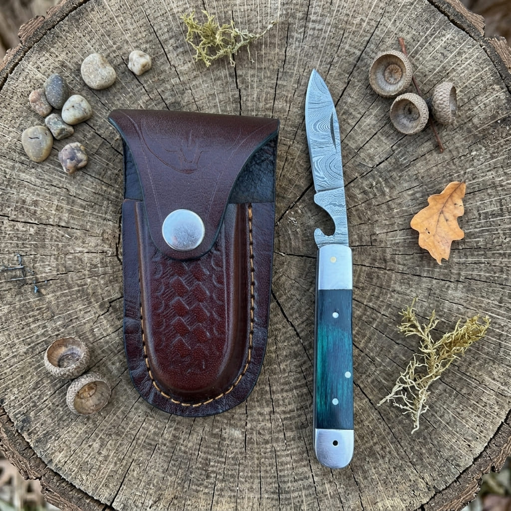 A folding pocket knife with a patterned steel blade and a blue-green handle is displayed next to its dark brown leather sheath on a rustic tree stump, surrounded by small stones, acorns, and dried leaves.
