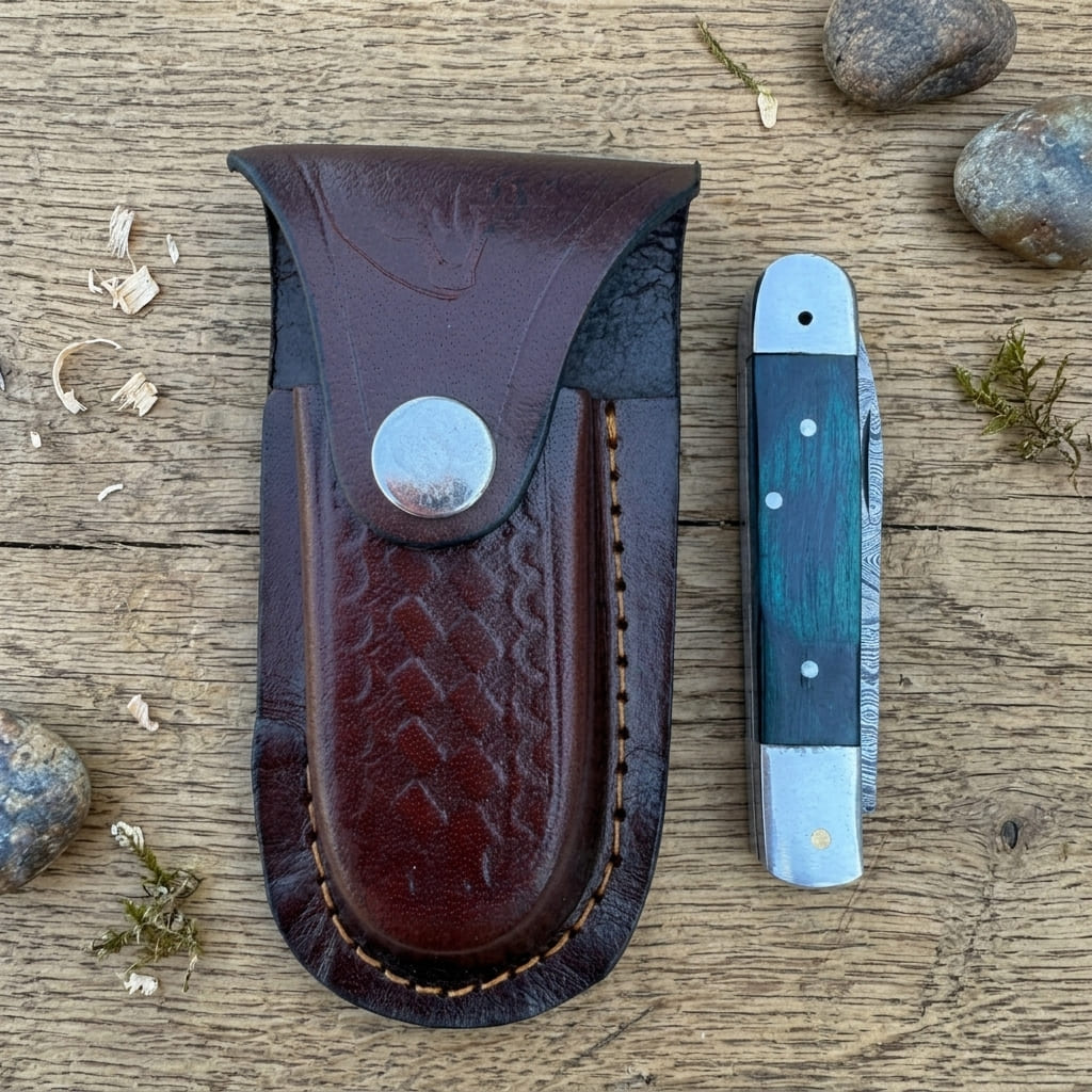 A dark brown leather knife sheath with a snap closure and stitched edge, displayed next to a folding pocket knife on a rustic wooden surface with small stones and wood shavings.