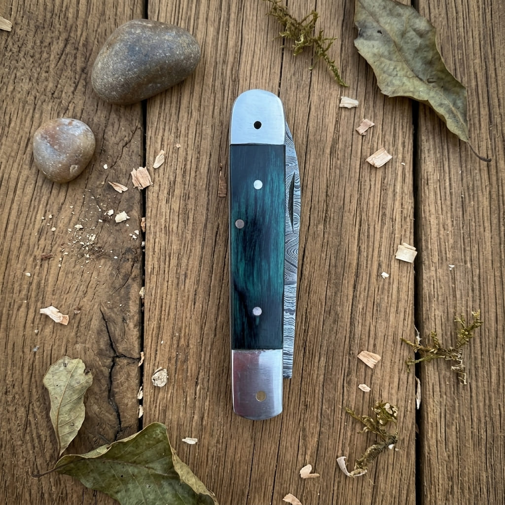 A folding pocket knife with a dark green and black marbled inlay handle, laid flat on a rustic wooden surface surrounded by small stones, dried leaves, and wood shavings.