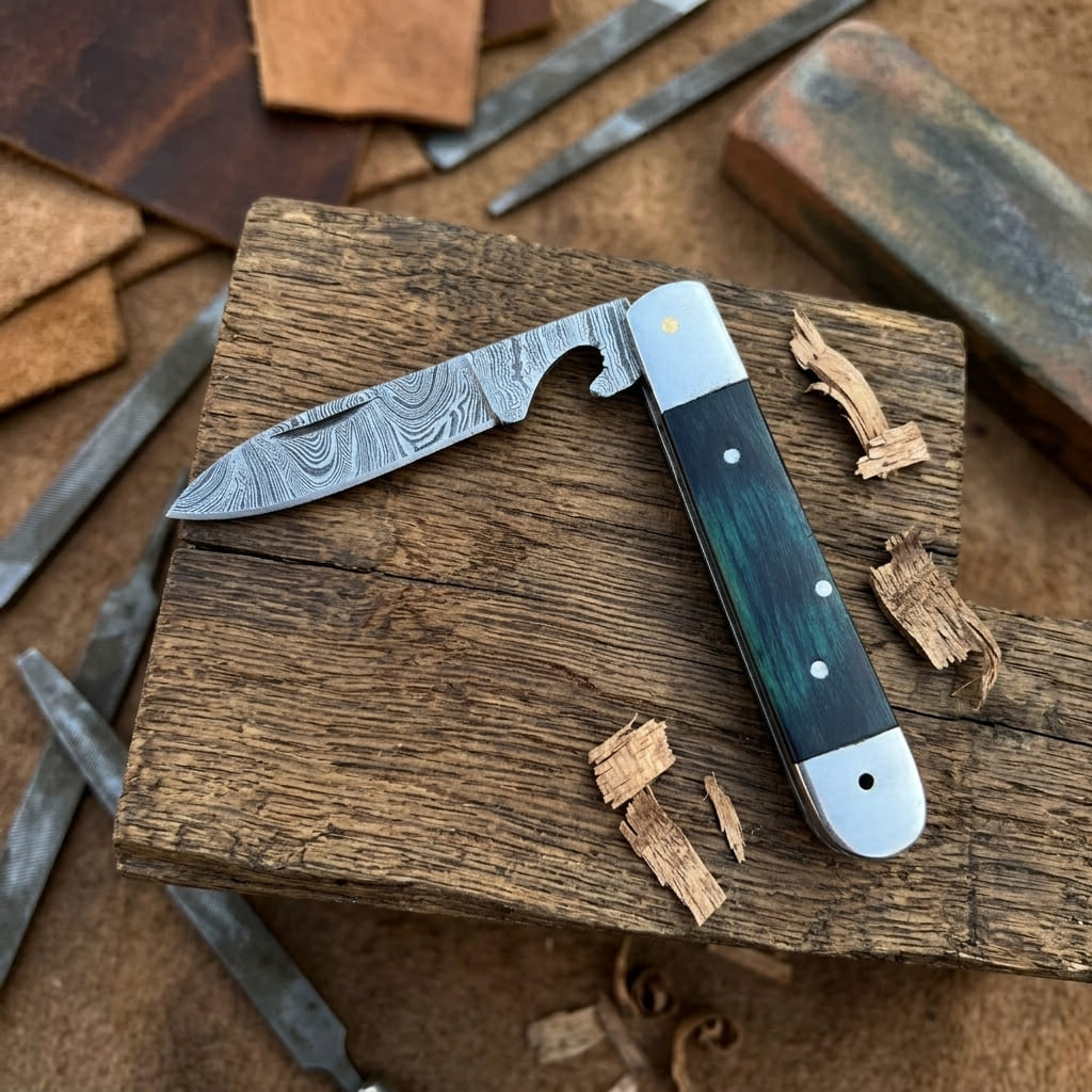 A folding pocket knife with a Damascus steel blade and a dark green inlay handle, resting on a rustic wooden block surrounded by leatherworking tools and wood shavings.