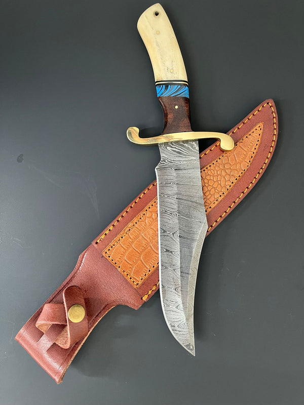  Bowie Hunting Knife with bone handle and stitched leather sheath – full display