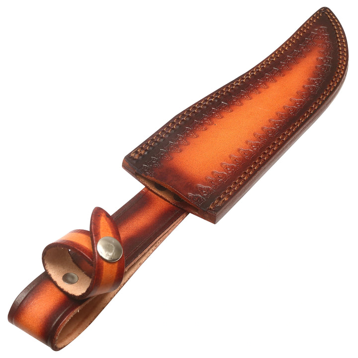 Close-up of handcrafted brown leather sheath for Damascus fixed blade hunting knife