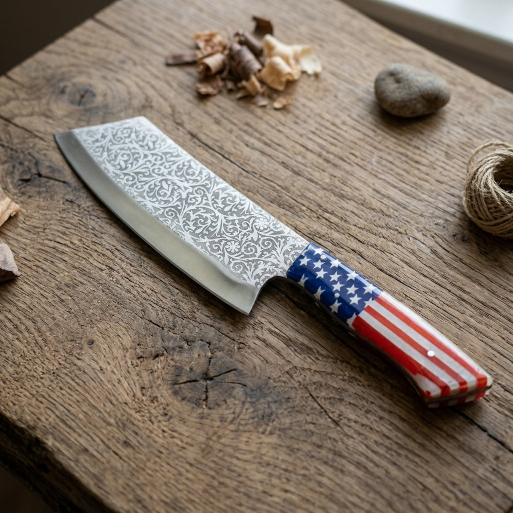 A chef's knife with a patterned steel blade and a handle printed with the American flag, resting on a rustic wooden surface with small natural props nearby.